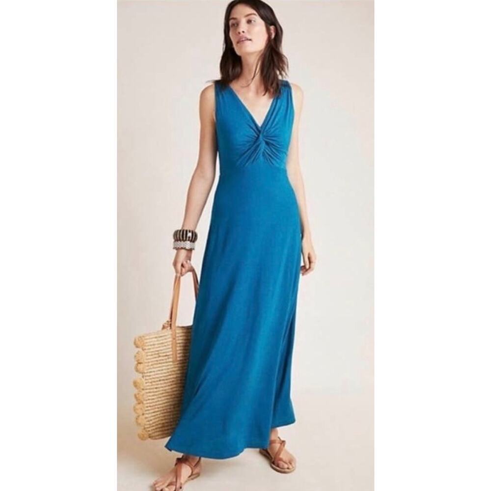 Anthropologie Maeve Camilla Teal Maxi Dress v neck knot front Xsmall